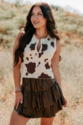 Rodeo Glow Sleeveless Cow Print Top (Beige/Brown)