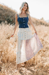 Moonlit Path Patchwork Maxi POL Skirt (Blue/Multi)