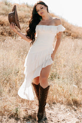Perfectly Peachy Off The Shoulder Mini Dress (Ivory)