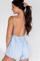 Behind The Glances Backless Ruffle Hem Romper (Light Blue)