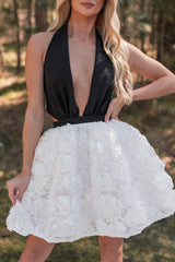 Give Em' Glam Rose Textured Halter Mini Dress (White/Black)