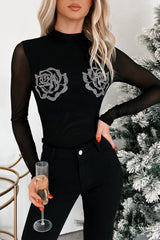 Playing Hard To Forget Rhinestone Rosette Mesh Bodysuit (Black)