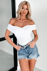 Had Me At Hello Off The Shoulder Ribbed Cross-Over Bodysuit (White)