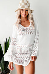 Sandy Holidays Crochet Knit Long Sleeve Cover Up Dress (White)