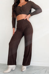 Ive Got My Eye On You Ribbed Long Sleeve Button Down Set (Espresso)