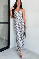 Midnight Oasis Zip-Front Printed Wide Leg Jumpsuit (Grey/Navy)