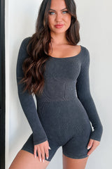 DOORBUSTER Coffee Shop Cutie Ribbed Long Sleeve Romper (Black)