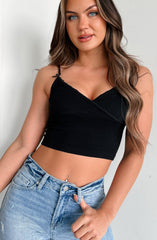 Developing Feelings Lace Trim Cami Crop Top (Black)