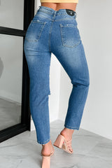 Ariah High Rise Distressed Mom Jeans (Medium Denim)