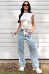 Kailer Side Stripe Wide Leg Drawstring Pants (Light Denim)