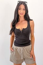 Standard Issue Acid Wash Henley Knit Tank Top (Black)