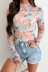 Hooked On You Floral Mesh Long Sleeve Top (Peach/Blue)