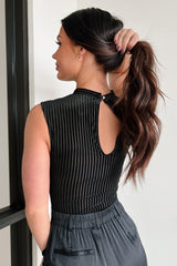 Ashari Velvet Stripe Cut-Out Bodysuit (Black)