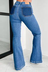Foster Special A High Rise Tummy Control Patch Pocket Flare Jeans (Medium Dark)