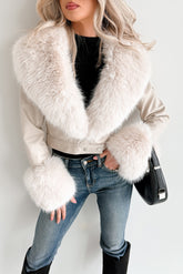 Frosted Elegance Faux Fur Trim Faux Leather Jacket (Cream)