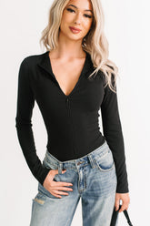 No Hesitation Ribbed Long Sleeve Bodysuit (Black)