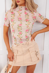 Crush Worthy Floral Print Mock Neck Short Sleeve Mesh Top (Rose Pink)