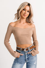 Cute As Ever Ribbed Long Sleeve Knit Crop Top (Camel)