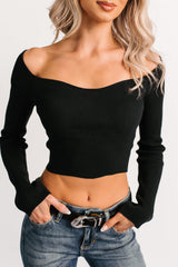 Cute As Ever Ribbed Long Sleeve Knit Crop Top (Black)