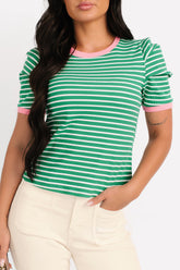 Daring Heart Striped Pleated Sleeve Top (Green/Pink)