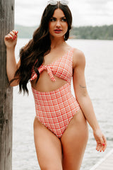 Never-Ending Summers Textured Cut-Out One Piece Swimsuit (Red Plaid)