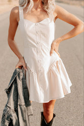One More Night Sleeveless Faux Button Mini Dress (Beige)