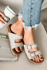 Radiant Charm Pearl Buckle Strap Sandals (White)