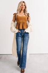 For The Girls Faux Suede Peplum Top (Camel)