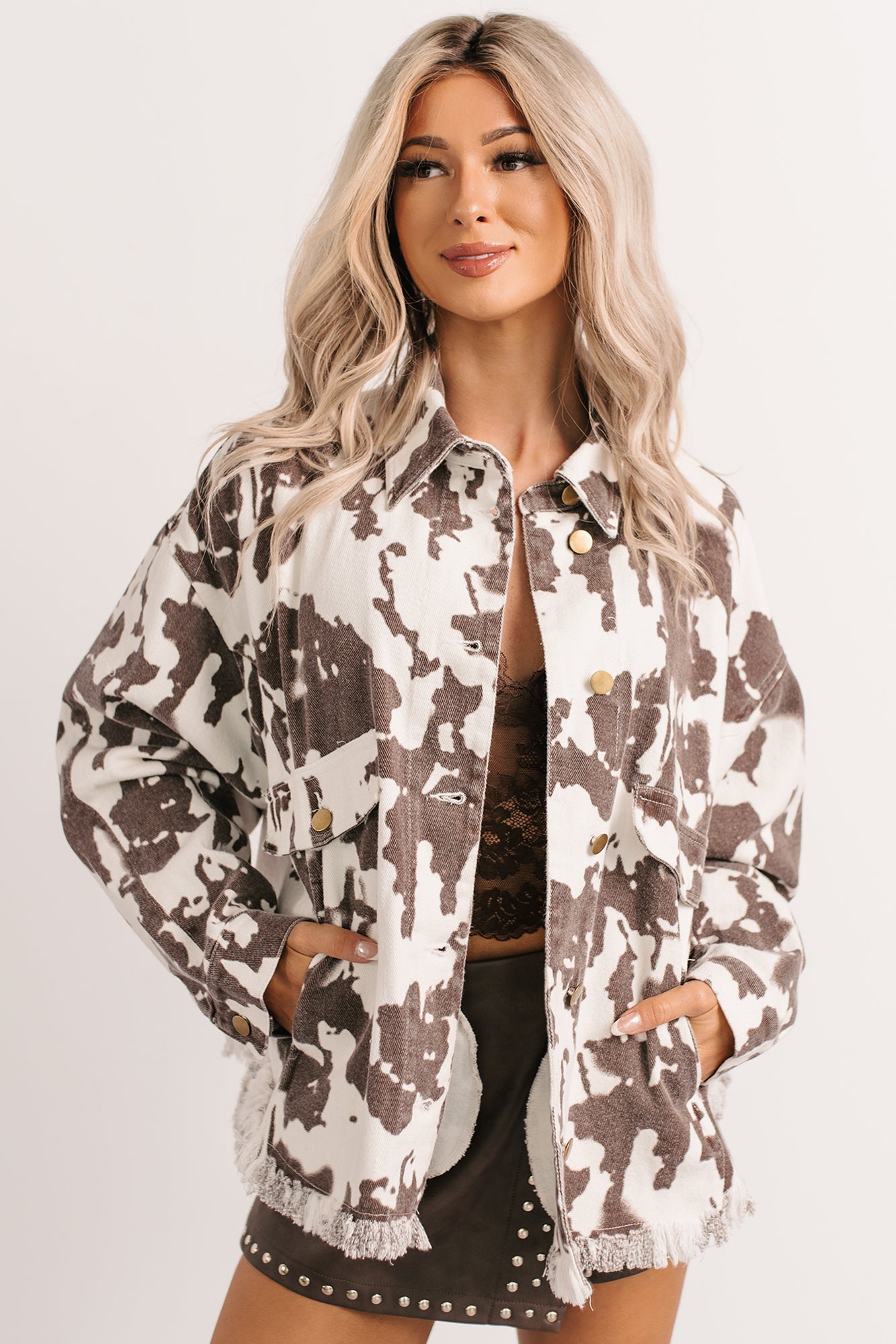 Cowgirl Spirit Oversized Raw Hem Shacket (Taupe Cow)