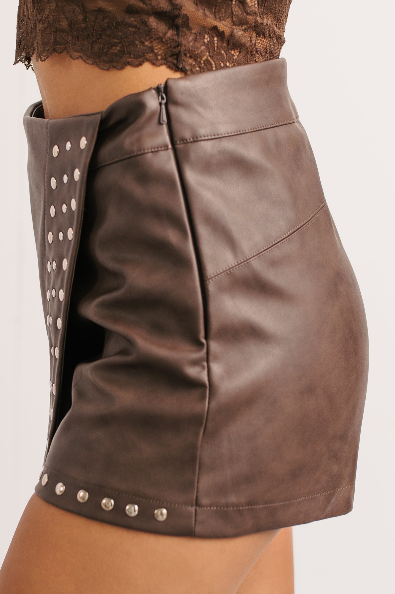 All For Me Faux Leather Studded Mini Skort (Brown)
