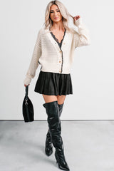 Darling Hour Cable Knit Contrast Cardigan (Ivory/Black)
