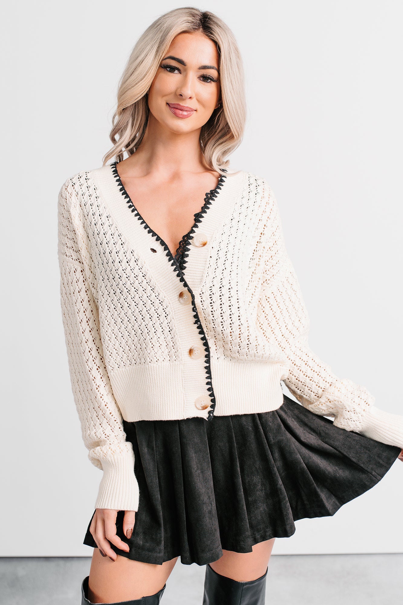 Darling Hour Cable Knit Contrast Cardigan (Ivory/Black)