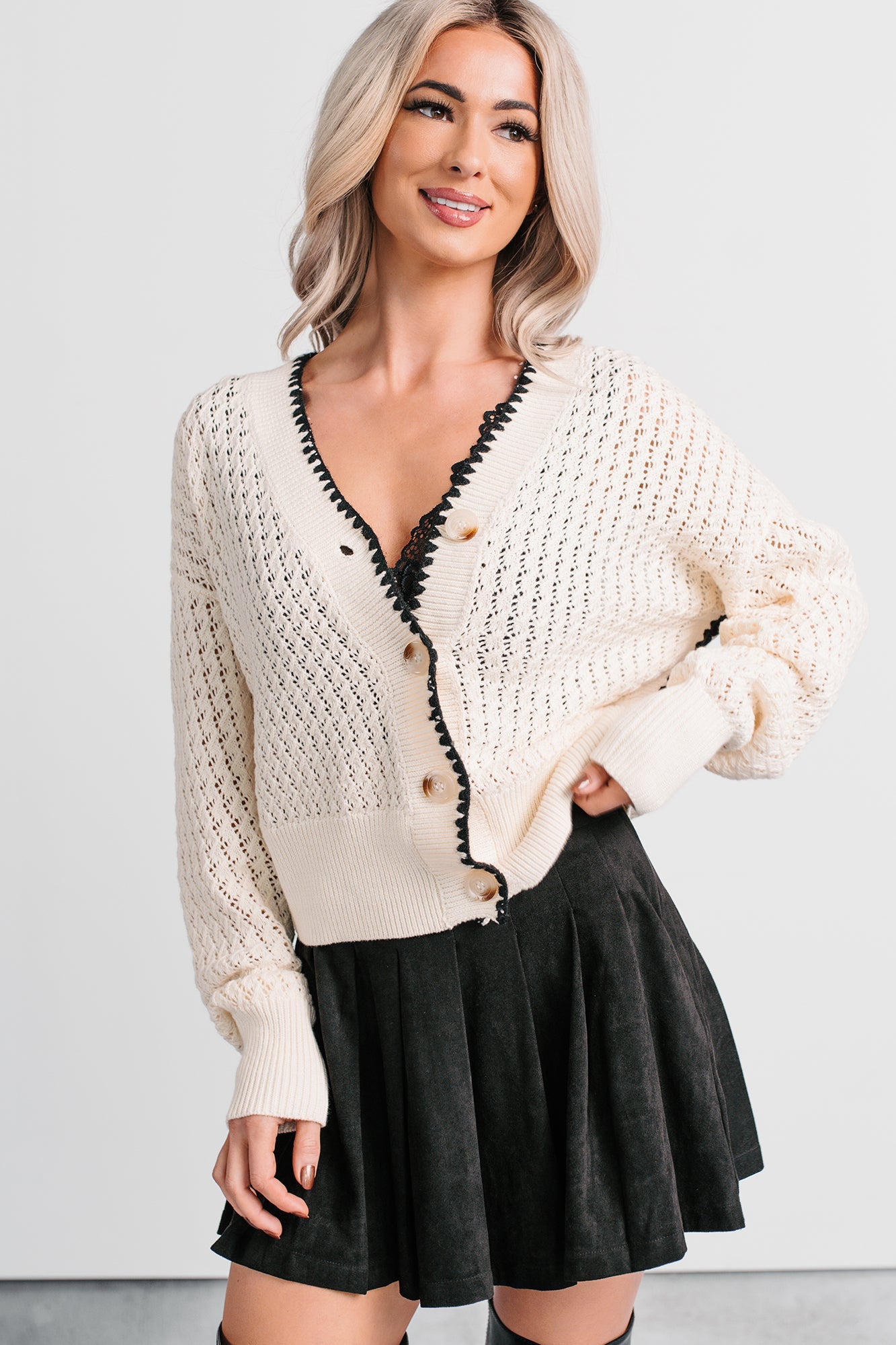 Darling Hour Cable Knit Contrast Cardigan (Ivory/Black)