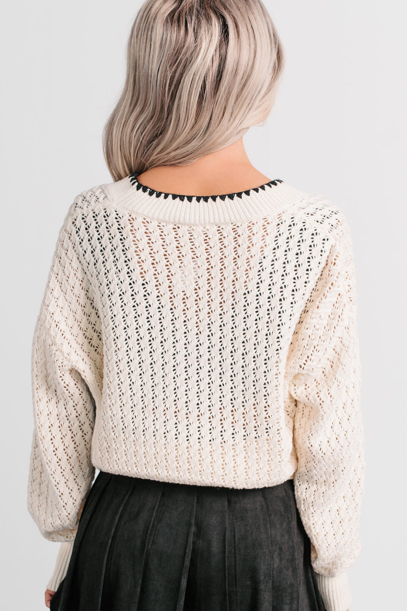 Darling Hour Cable Knit Contrast Cardigan (Ivory/Black)