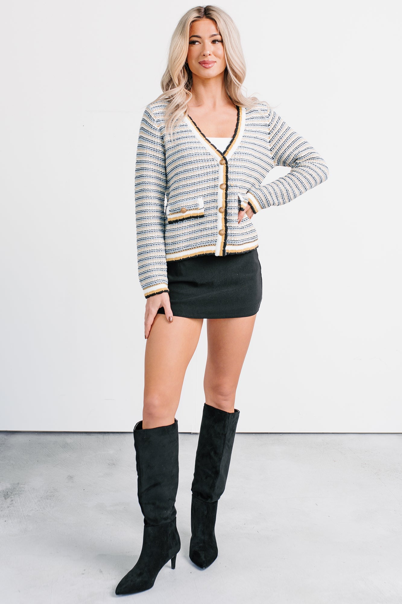 Evening In Striped Knit Cardigan (Navy/White Stripe)
