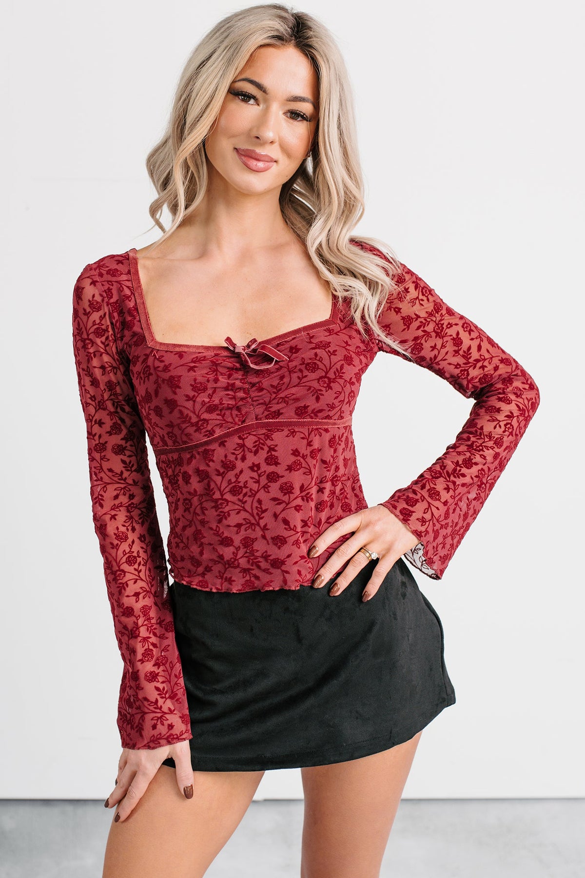 Heart's Calling Long Sleeve Floral Top (Burgundy)