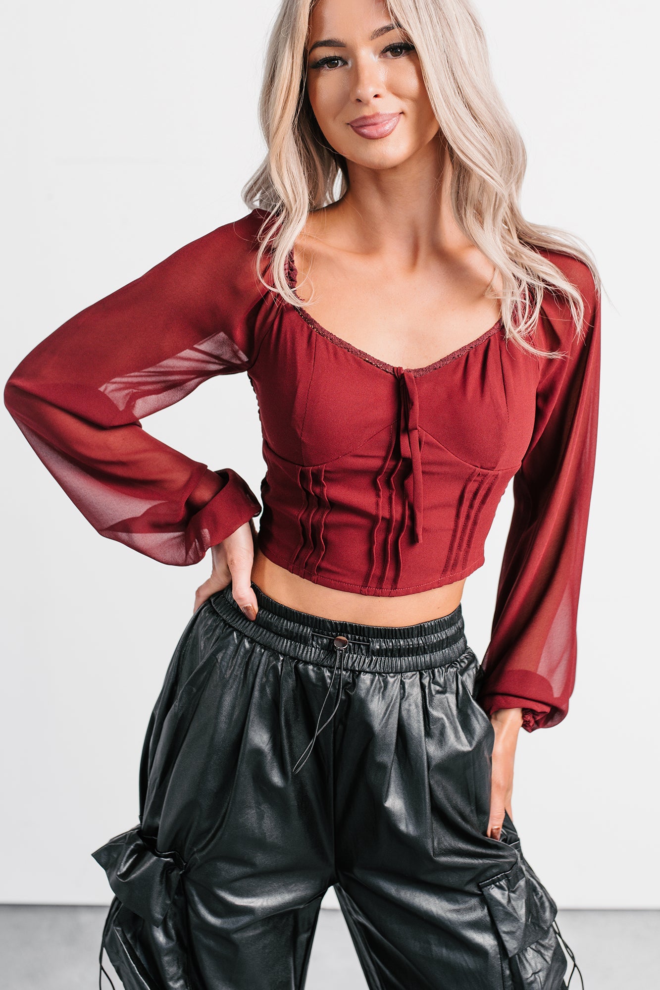 Forever This Way Lace Trim Peasant Blouse (Burgundy)