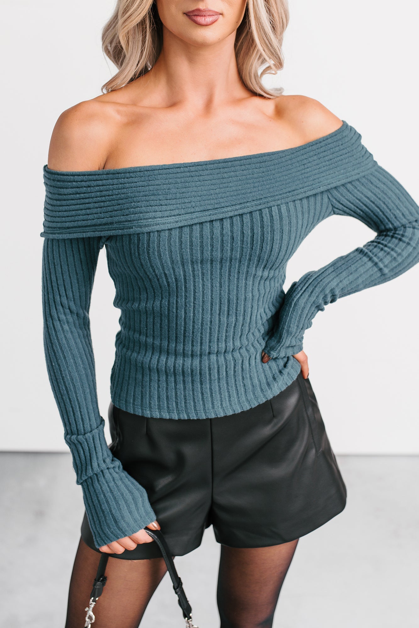 Risk It All Off-The Shoulder Ribbed Top (Sea Moss)