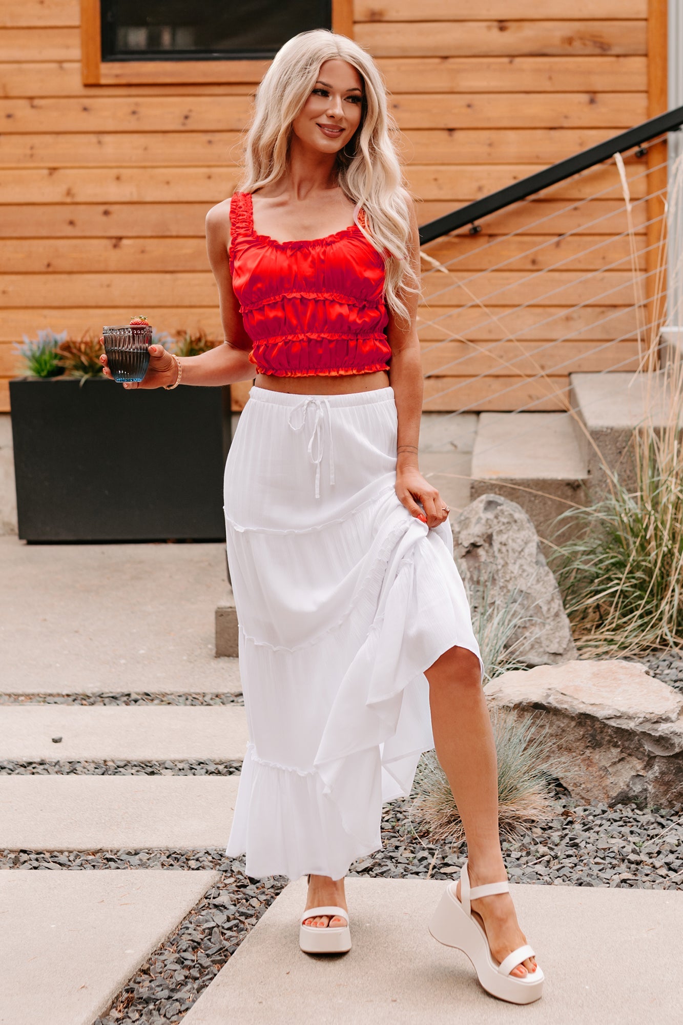 Luxe On Loop Ruched Satin Sleeveless Top (Tomato)