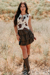Rodeo Glow Sleeveless Cow Print Top (Beige/Brown)