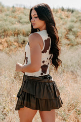 Rodeo Glow Sleeveless Cow Print Top (Beige/Brown)