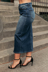 Authentic Aura Front Slit Mica Denim Midi Skirt (Dark)