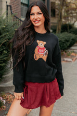 Playing For Keeps Teddy Bear Graphic Sweater (Black/Red)