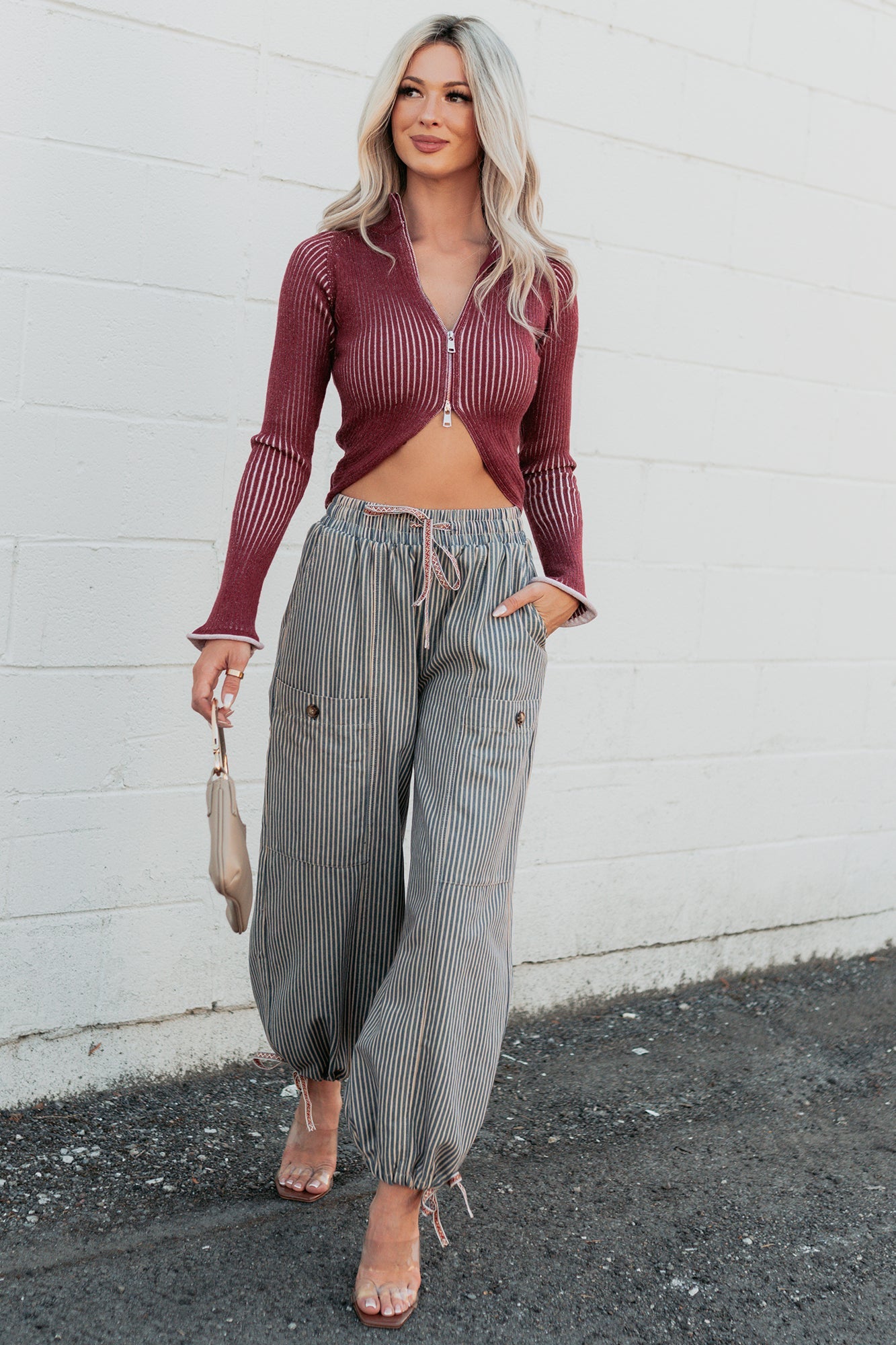 Dreamboat Babe Ribbed Zip-Up Top (Wine)