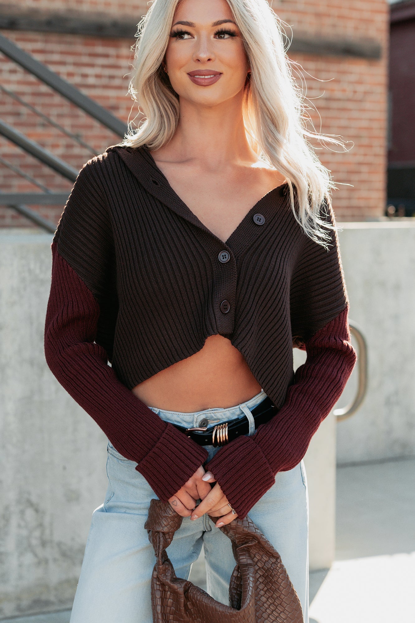 Dream Mirage Contrast Sleeve Cardigan Sweater (Espresso)