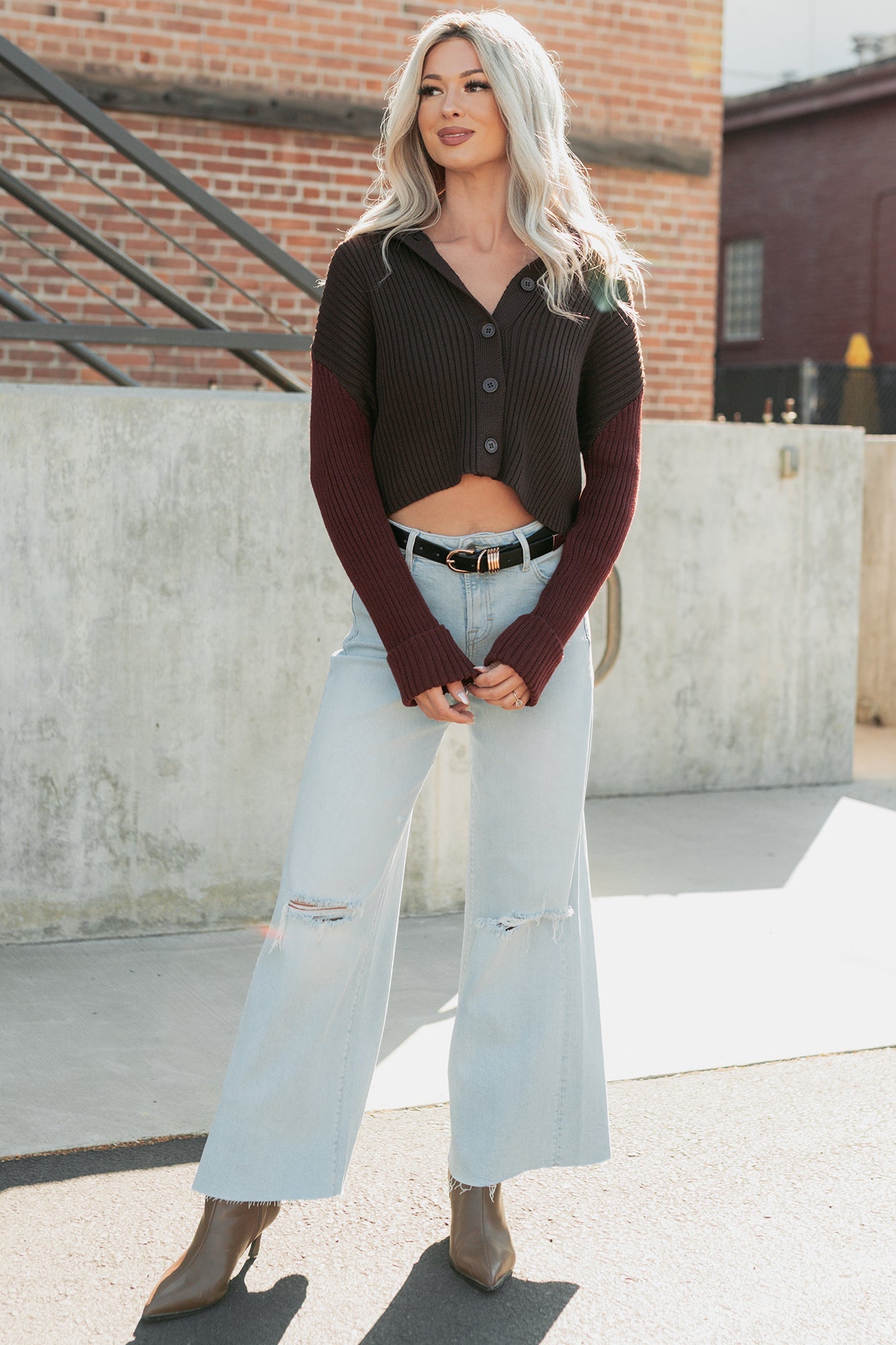 Dream Mirage Contrast Sleeve Cardigan Sweater (Espresso)