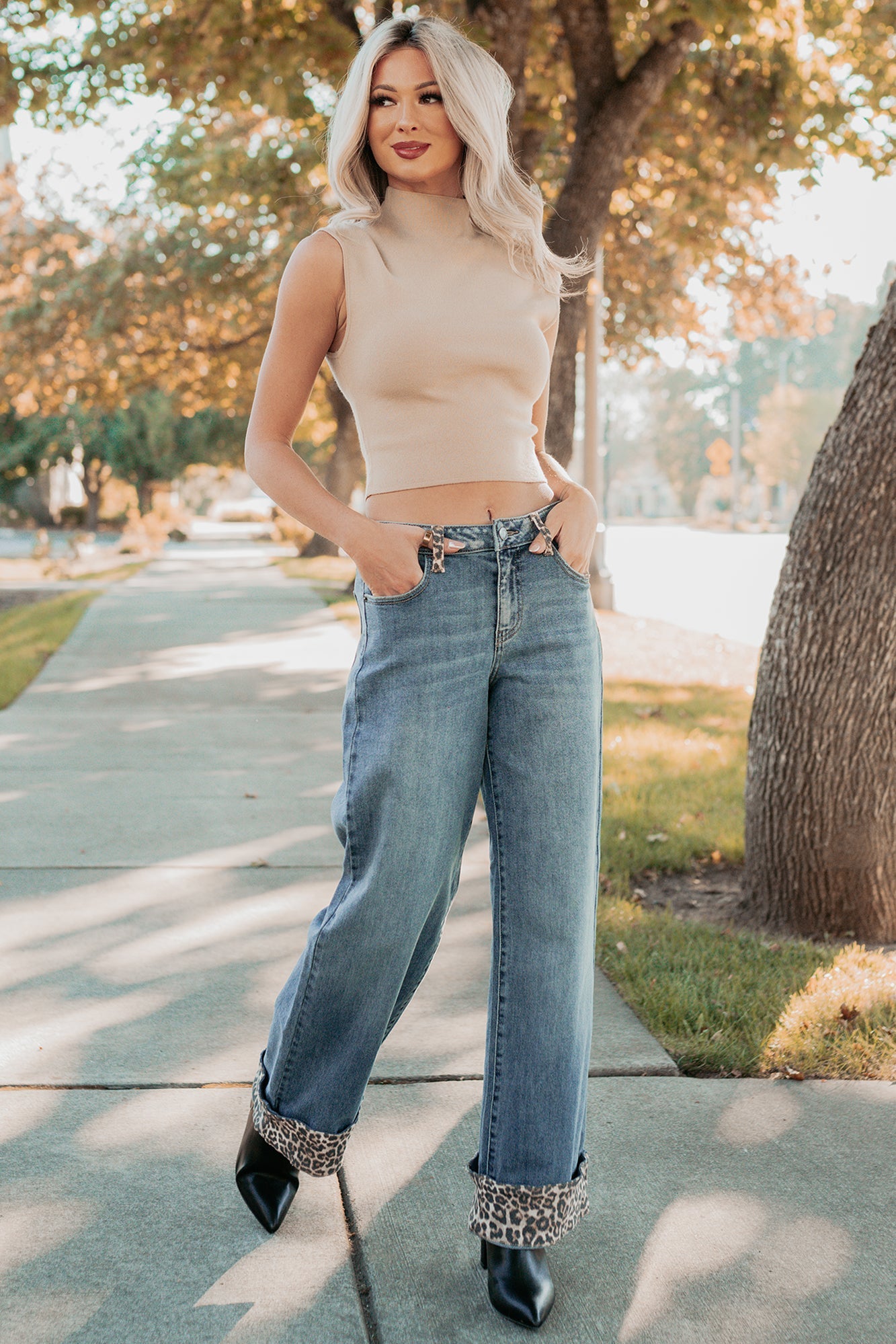 Macy Wide Leg Leopard Cuff Cello Jeans (Medium Tint)