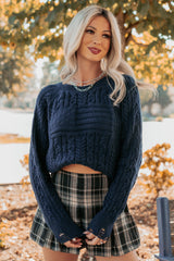 Wild Grace Distressed Hem Flag Cable Knit Sweater (Navy)