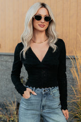 Born Untamed Long Sleeve V Neck Lace Top (Black)