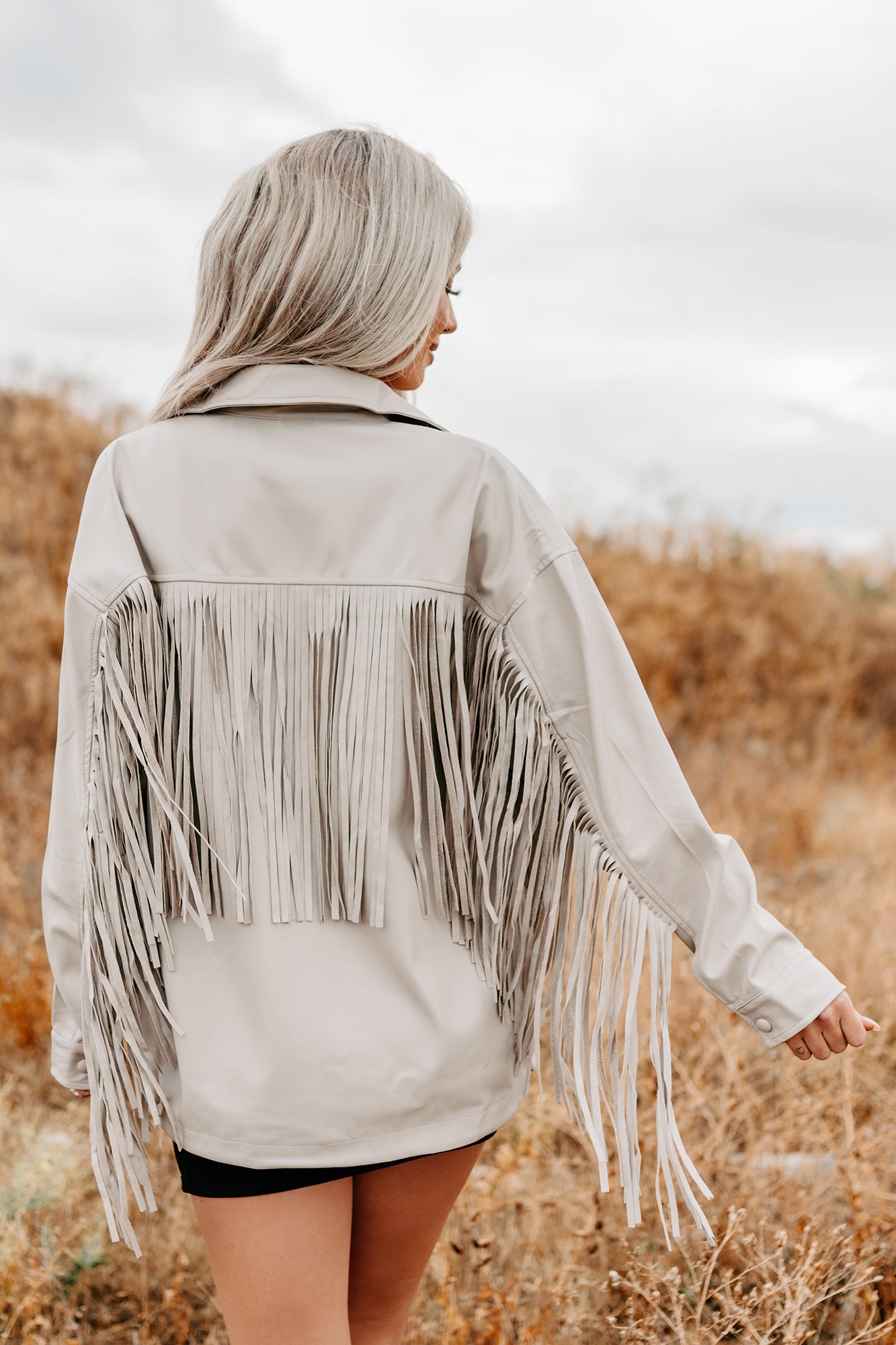 Wild West Whimsy Fringe Faux Leather Jacket (Cream)